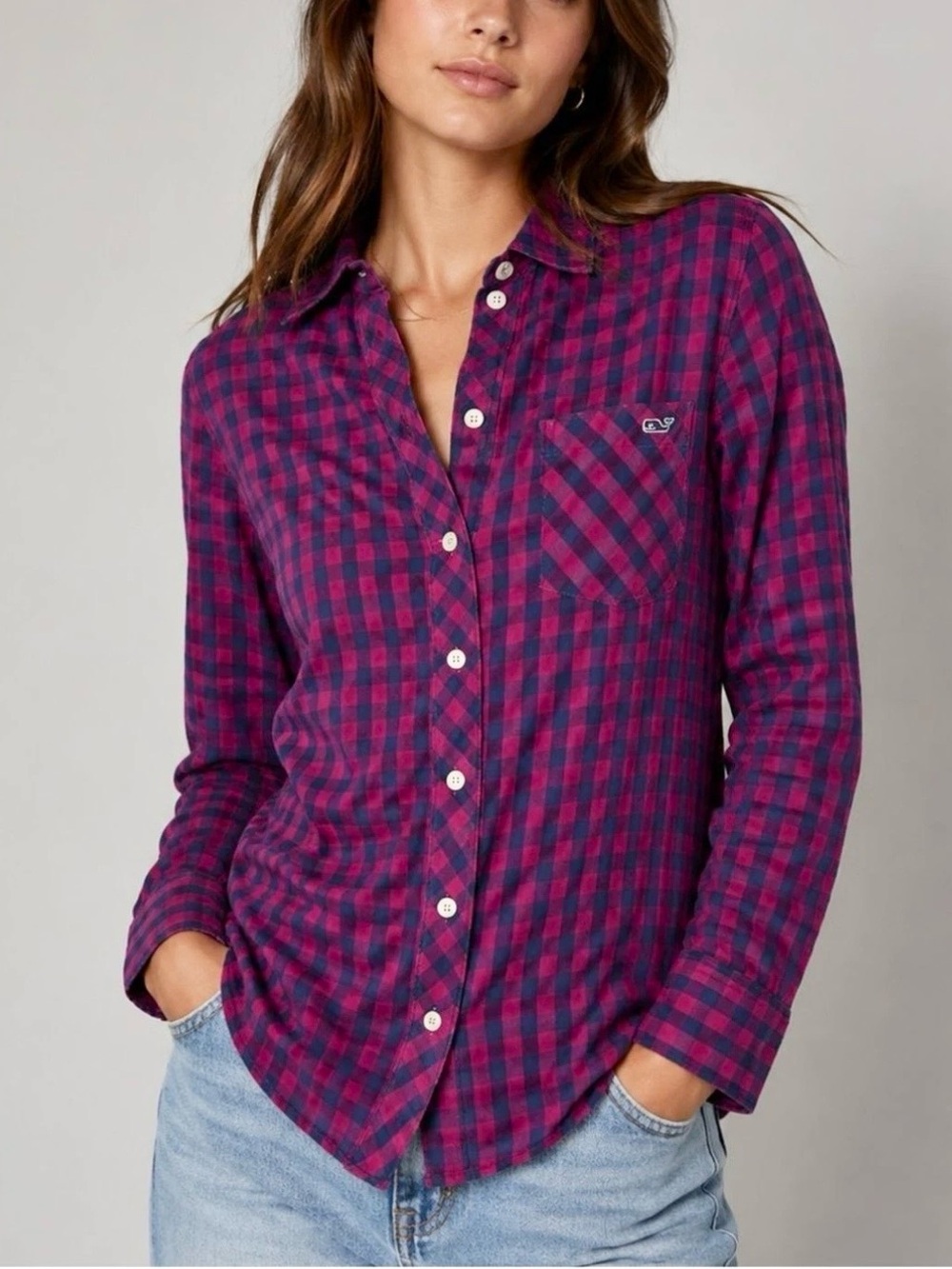 Vineyard Vines Cotton Cashmere Flannel Button Down Shirt Pink & Navy Size 10